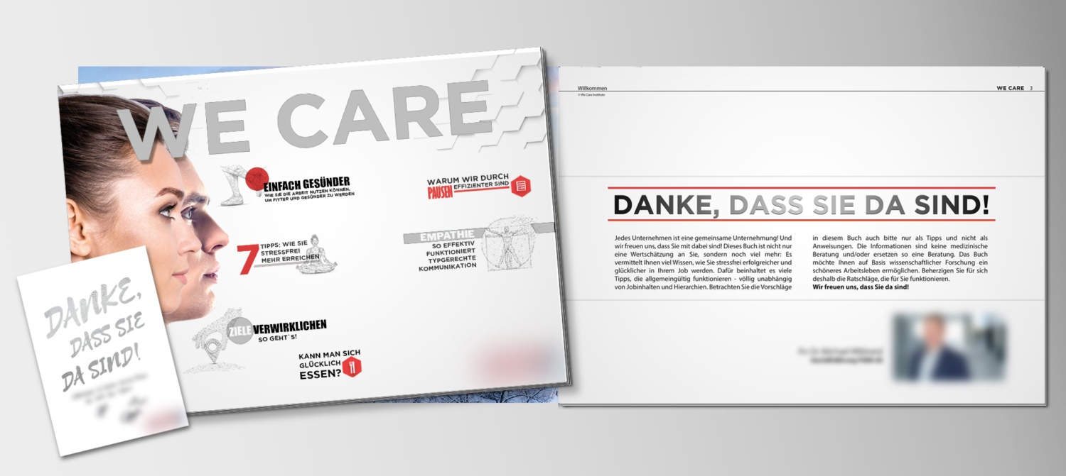 BEISPIEL 1: WE CARE ONBOARDING BUCH, COVER MIT UNTERNEHMENSLOGO UND IN UNTERNEHMENSFARBEN, EIGENER INTROTEXT + BILD